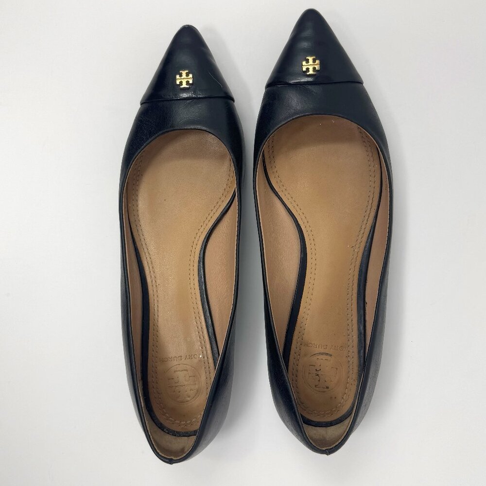 Tory Burch Fairford Black Leather Cap Toe Pointed Ballet Flats US 7